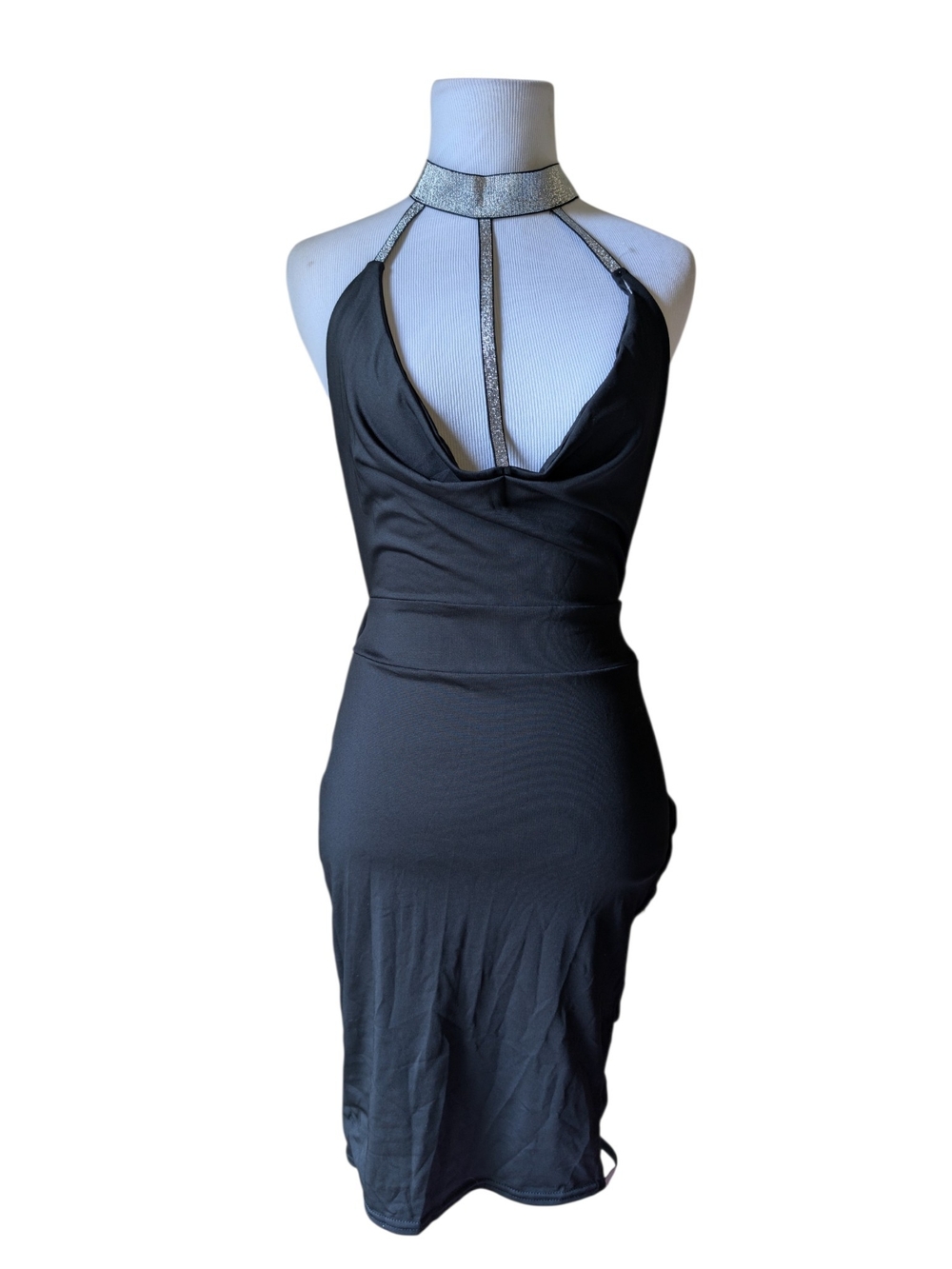 Black Backless Halter Dress with Silver Metallic Choker Medium